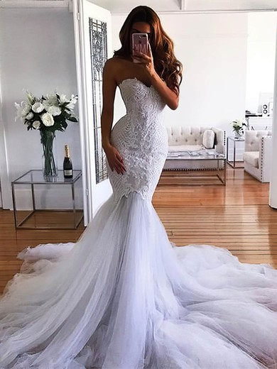 Trumpet/Mermaid Sweetheart Tulle Court Train Wedding Dresses With Appliques Lace #UKM00024450
