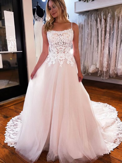 Ball Gown Square Neckline Tulle Court Train Wedding Dresses With Appliques Lace #UKM00024451