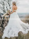A-line V-neck Tulle Court Train Appliques Lace Wedding Dresses #UKM00024452