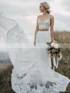 A-line V-neck Tulle Court Train Appliques Lace Wedding Dresses #UKM00024452