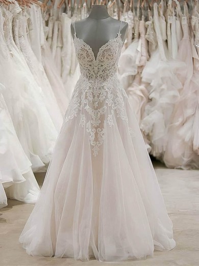 Ball Gown V-neck Tulle Sweep Train Wedding Dresses With Beading #UKM00024453