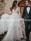A-line Scoop Neck Tulle Sweep Train Appliques Lace Wedding Dresses #UKM00024454