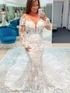 Trumpet/Mermaid Scoop Neck Tulle Court Train Appliques Lace Wedding Dresses #UKM00024456