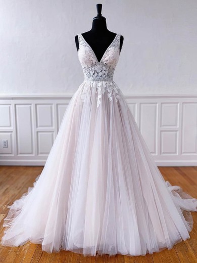 A-line V-neck Tulle Court Train Appliques Lace Wedding Dresses #UKM00024457