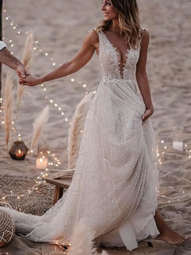 A-line V-neck Glitter Court Train Wedding Dresses With Appliques Lace #UKM00024458