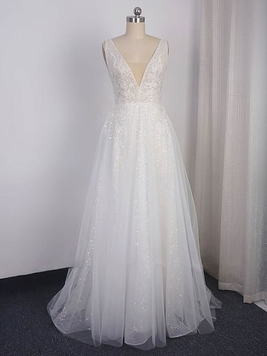 A-line V-neck Tulle Sweep Train Appliques Lace Wedding Dresses #UKM00024459