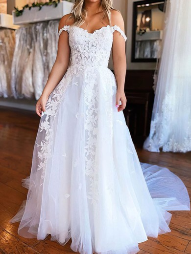 Ball Gown/Princess Off-the-shoulder Tulle Court Train Wedding Dresses With Split Front #UKM00024461