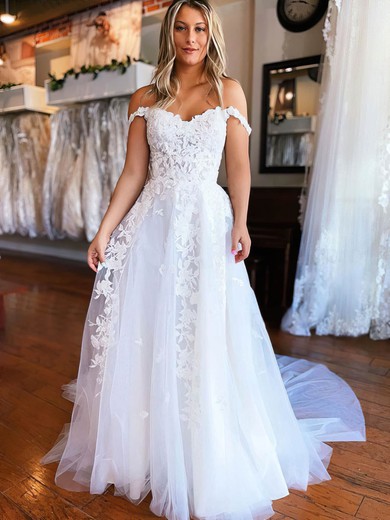 A-line V-neck Tulle Court Train Appliques Lace Wedding Dresses #UKM00024461
