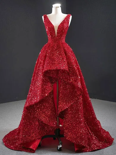 Ball Gown/Princess V-neck Glitter Asymmetrical Wedding Dresses With Cascading Ruffles #UKM00024462