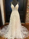 Ball Gown V-neck Tulle Sweep Train Wedding Dresses With Appliques Lace #UKM00024464