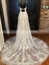 A-line V-neck Tulle Sweep Train Appliques Lace Wedding Dresses #UKM00024464