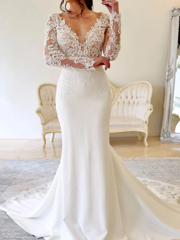 Trumpet/Mermaid V-neck Stretch Crepe Court Train Wedding Dresses With Appliques Lace #UKM00024467