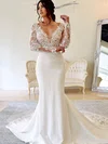 Trumpet/Mermaid V-neck Stretch Crepe Court Train Wedding Dresses With Appliques Lace #UKM00024467