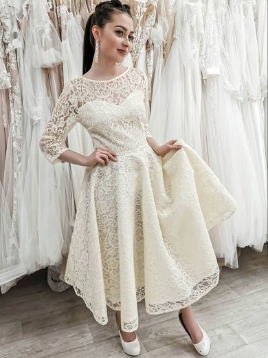 A-line Scoop Neck Lace Tea-length Wedding Dresses #UKM00024468