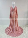 A-line V-neck Lace Sweep Train Wedding Dresses #UKM00024469