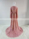 A-line V-neck Lace Sweep Train Wedding Dresses #UKM00024469