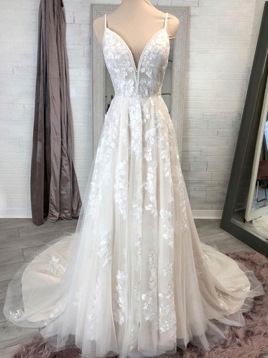 A-line V-neck Tulle Court Train Appliques Lace Wedding Dresses #UKM00024470