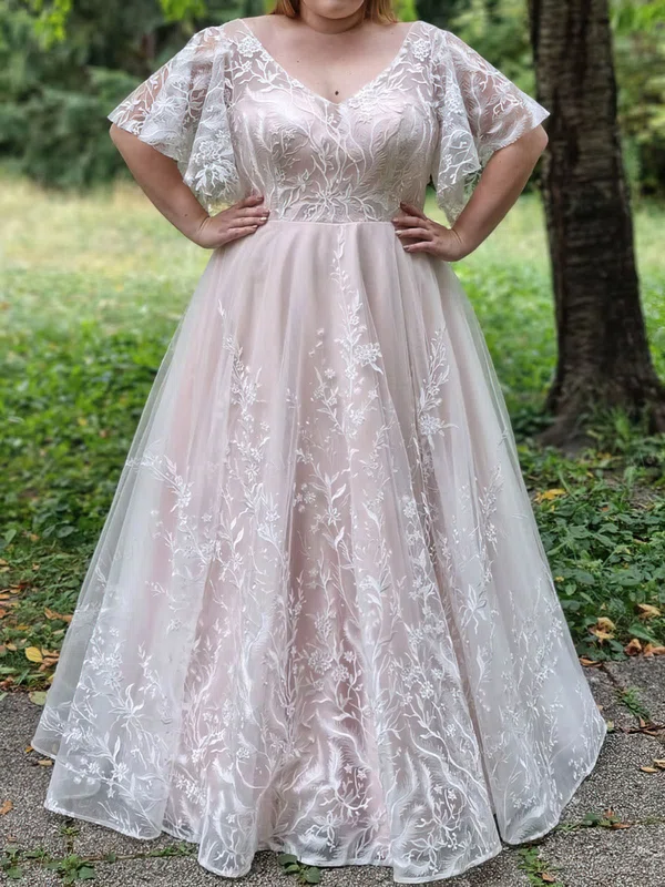 A-line V-neck Tulle Sweep Train Appliques Lace Wedding Dresses #UKM00024473