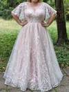 A-line V-neck Tulle Sweep Train Appliques Lace Wedding Dresses #UKM00024473