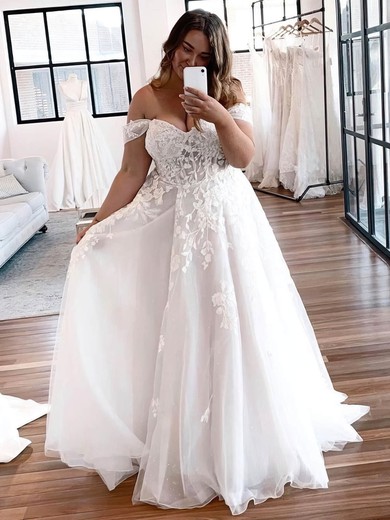 Ball Gown Off-the-shoulder Tulle Sweep Train Wedding Dresses With Appliques Lace #UKM00024475