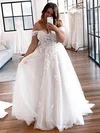 A-line Off-the-shoulder Tulle Sweep Train Appliques Lace Wedding Dresses #UKM00024475