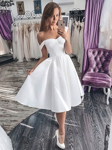 A-line Off-the-shoulder Satin Tea-length Wedding Dresses #UKM00024477