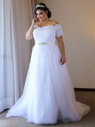 Ball Gown Off-the-shoulder Tulle Sweep Train Wedding Dresses With Appliques Lace #UKM00024480
