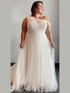 A-line One Shoulder Tulle Court Train Beading Wedding Dresses #UKM00024481
