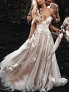A-line V-neck Tulle Court Train Appliques Lace Wedding Dresses #UKM00024482