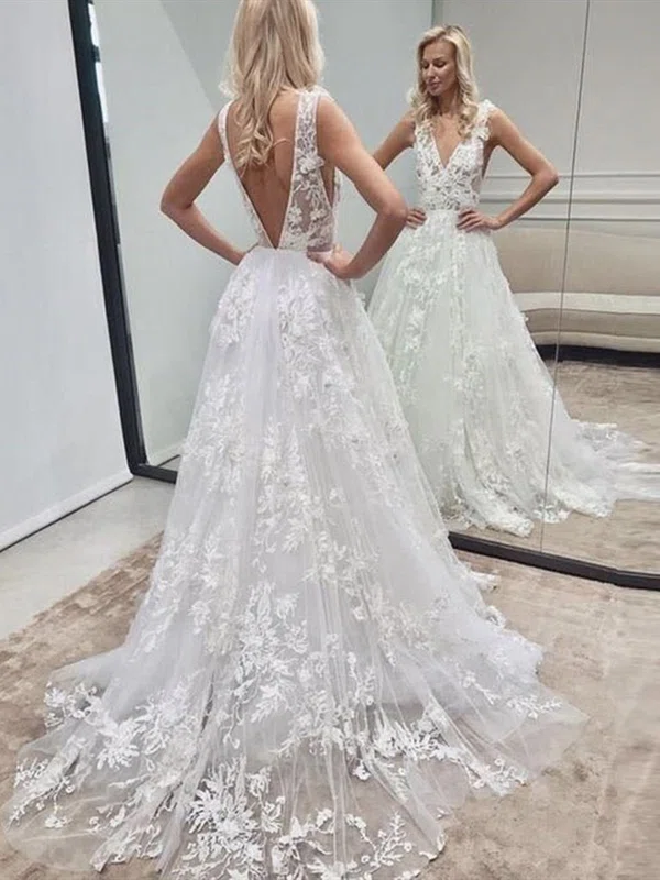 A-line V-neck Tulle Sweep Train Appliques Lace Wedding Dresses #UKM00024483