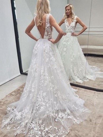 Ball Gown V-neck Tulle Sweep Train Wedding Dresses With Appliques Lace #UKM00024483