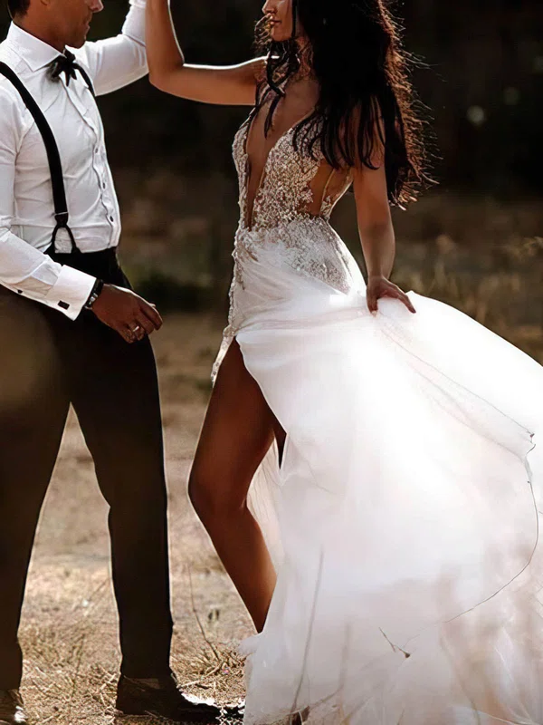 A-line V-neck Tulle Court Train Wedding Dresses With Split Front #UKM00024484