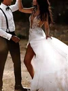 A-line Scoop Neck Tulle Court Train Appliques Lace Wedding Dresses #UKM00024484