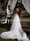 A-line Scoop Neck Tulle Court Train Appliques Lace Wedding Dresses #UKM00024484
