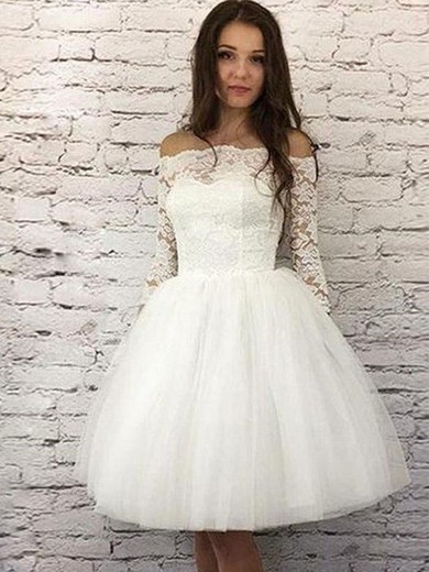 A-line Off-the-shoulder Lace Tulle Knee-length Wedding Dresses #UKM00024485