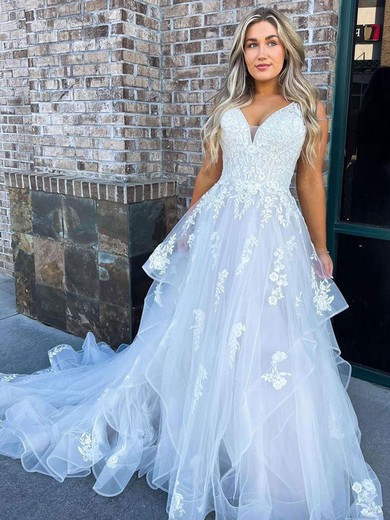 A-line V-neck Tulle Court Train Appliques Lace Wedding Dresses #UKM00024487
