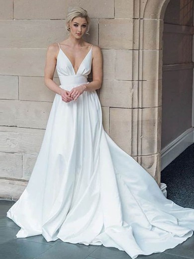 A-line V-neck Silk-like Satin Court Train Wedding Dresses #UKM00024489