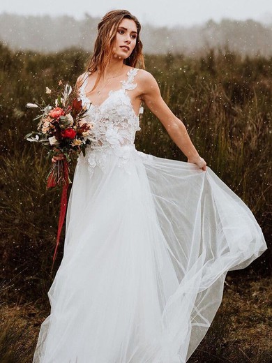 A-line V-neck Tulle Sweep Train Appliques Lace Wedding Dresses #UKM00024493