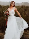 Ball Gown V-neck Tulle Sweep Train Wedding Dresses With Appliques Lace #UKM00024493