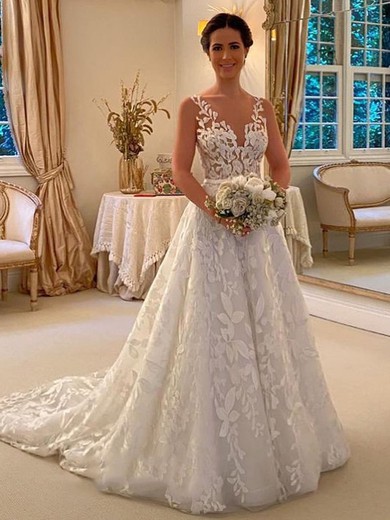 A-line V-neck Tulle Court Train Appliques Lace Wedding Dresses #UKM00024496