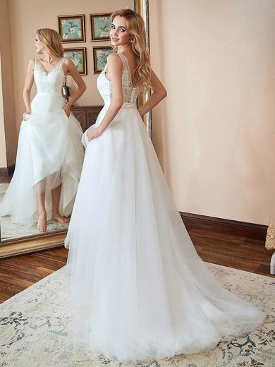 A-line V-neck Tulle Sweep Train Beading Wedding Dresses #UKM00024498