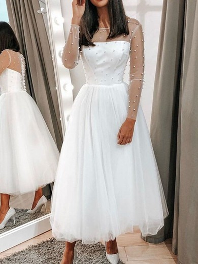 A-line Scoop Neck Tulle Tea-length Beading Wedding Dresses #UKM00024500