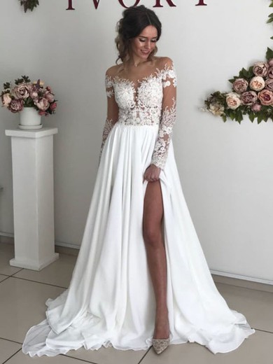 A-line Scoop Neck Chiffon Sweep Train Appliques Lace Wedding Dresses #UKM00024503