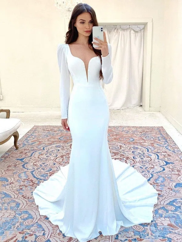 Trumpet/Mermaid V-neck Stretch Crepe Sweep Train Wedding Dresses With Buttons #UKM00024505