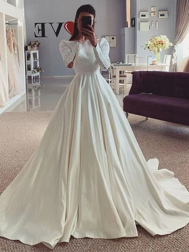 Ball Gown/Princess Square Neckline Satin Court Train Wedding Dresses With Buttons #UKM00024507