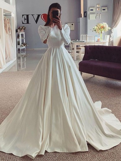 Ball Gown Square Neckline Silk-like Satin Court Train Buttons Wedding Dresses #UKM00024507
