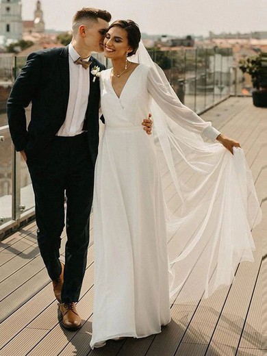 A-line V-neck Chiffon Sweep Train Wedding Dresses #UKM00024510