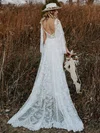 A-line V-neck Lace Sweep Train Wedding Dresses #UKM00024511