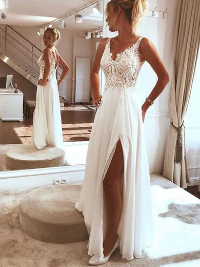 A-line V-neck Chiffon Sweep Train Wedding Dresses With Split Front #UKM00024515
