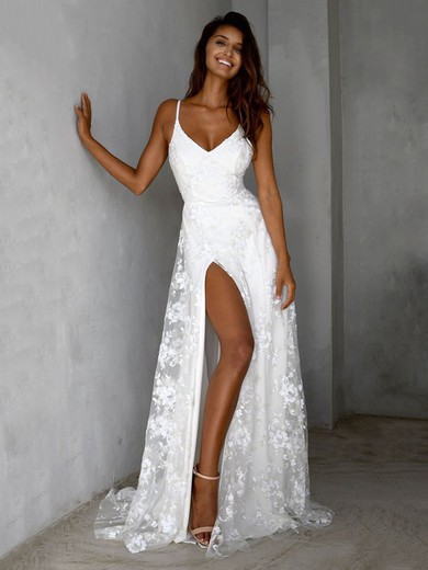 A-line V-neck Lace Sweep Train Wedding Dresses With Split Front #UKM00024519